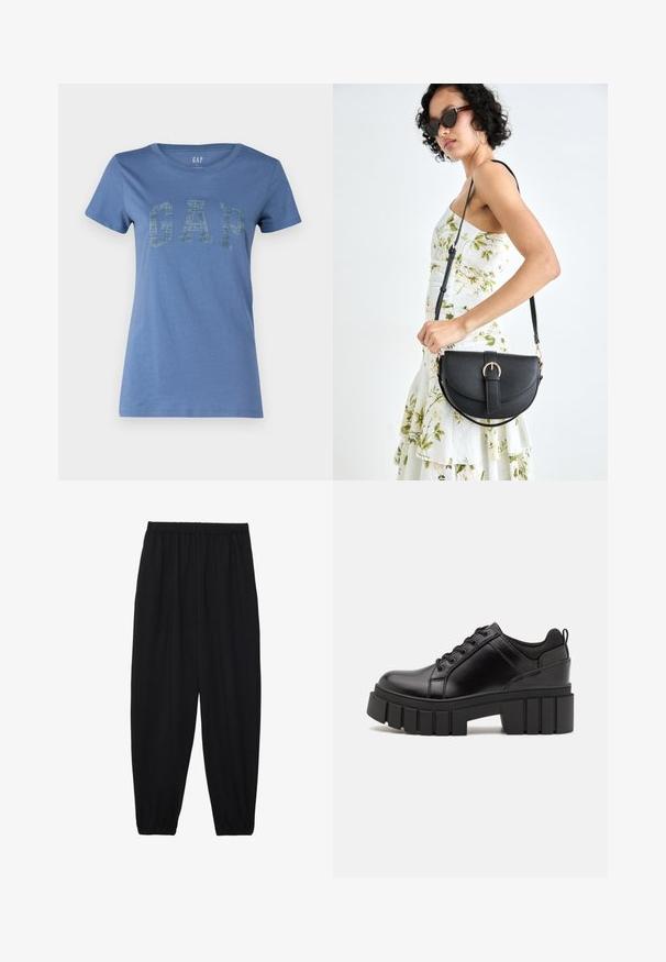 Sininen puuvillapaita, jossa on pyöreä pääntie ja lyhyet hihat, etupuolella on silmiinpistävä "GAP"-logo tekstuuripinnalla.; Mustat, kevyet housut, joissa on joustava vyötärö ja kerätyt nilkat. Kangas on sileä ja siinä on rento, kapeneva muotoilu.; Mustat nahkakengät, joissa on lättihenkinen korko, pyöreä kärki ja perinteinen nauhakiinnitys. Ominaisuuksiin kuuluu sileä pintakuvio ja minimaalinen yksityiskohtaisuus.; Musta nahkainen käsilaukku, joka on kaareva muotoilultaan, irrotettavalla hihnalla ja kultaisilla yksityiskohdilla. Laukussa on läppä, jossa on solk yksityiskohta.