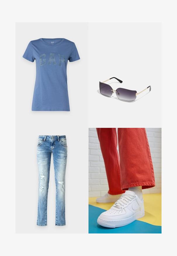 Sininen puuvillapaita, jossa on pyöreä pääntie ja lyhyet hihat, etupuolella on silmiinpistävä "GAP"-logo tekstuuripinnalla.; Vaaleansiniset farkut, joissa on rento istuvuus. Farkuissa on kulutettuja yksityiskohtia, nappisuljenta kahdella napilla ja suorat lahkeet.; Valkoinen nahkakengät, joissa on rei'itetty varvasosa, teksturoitu pohja ja valkoiset nauhat, yhdistettynä leveisiin punaisiin housuihin ja sinikeltaiseen taustaan.; Aurinkolasit, joissa on harmaan sävyttävä linssi, kultainen metallirunko ja mustat muoviyksityiskohdat. Yksilölliset perhosenkoukkutyyppiset linssit, joissa on ohuet varret.; Kultaketjut kullasta, joissa on sileä, kiiltävä pinta. Pyöreä muotoilu, jossa on pieni tappi ja kirkas taustalevy turvalliseen käyttöön.