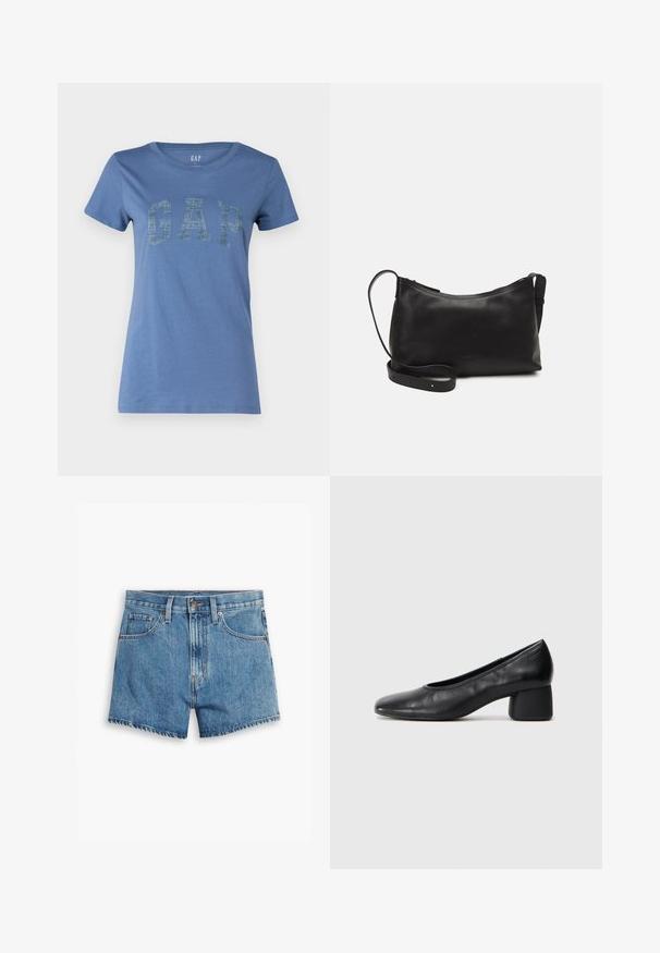 Zils kokvilnas T-krekls ar apaļu dekoltē un īsām piedurknēm, ar izteiktu "GAP" logotipu tekstūrā visā priekšpusē.; Gaiši zili džinsu šorti, kas aprīkoti ar piecām kabatām, rāvējslēdzēja aizdari un pogu aizdari. Apakšmala ir saplēsta, un izskats ir brīvs.; Melna ādas kurpe ar noapaļotu purngalu un vidēja izmēra blokkāju. Gluda tekstūra ar minimāliem dekoriem, ar delikātu elastīgu atveri.; Melna ādas plecu soma ar gludu tekstūru, izliekta forma, regulējama siksna un rāvējslēdzēja aizdare. Minimālistisks dizains bez rotājumiem.
