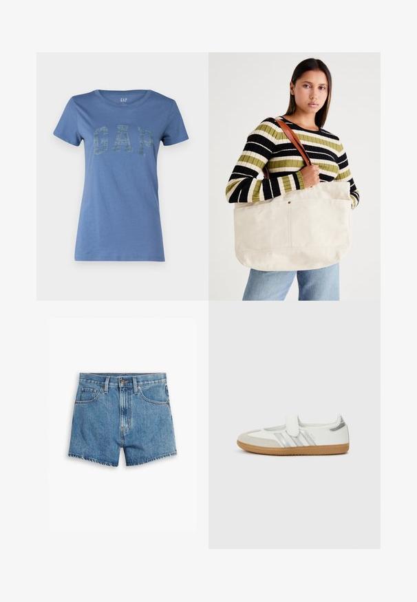 Blauw katoenen T-shirt met een ronde halslijn en korte mouwen, met een opvallend "GAP"-logo in een textuurdesign over de voorkant.; Lichtblauwe denimshorts met vijf zakken, een ritssluiting en een knoopsluiting. De zoom is rafelig en heeft een ontspannen pasvorm.; Witte sneaker met zilveren strepen, suède neuskap en klittenbandsluiting. Texturen gumrubberen zool. Minimalistisch ontwerp met een gladde afwerking.; Grote beige canvas draagtasje met bruine leren hengsels, met een minimalistisch ontwerp en zichtbare stikaccenten.