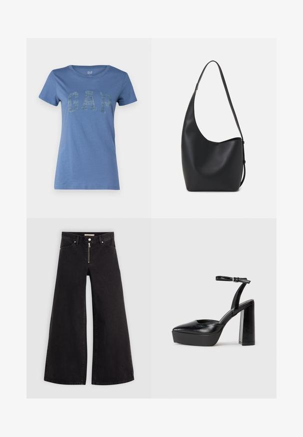 Blå bomull T-skjorte med rund hals og korte ermer, med en fremtredende "GAP"-logo designet i teksturert stil over fronten.; Vide benbukser i sort denim med glidelås i front, fem-lomme design og subtile sømdetaljer. Glatt tekstur og avslappet stil.; Sorte plattformhelter med spiss tå og justerbar ankelrem. Laget av glatt lær, med en robust blokkhel.; Svart lær hobo-veske med glatt tekstur, buet form og enkelt justerbart stropp; har en bred åpning på toppen.