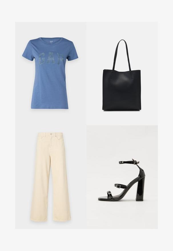 Modra bombažna majica s krožnim izrezom in kratkimi rokavi, s poudarjenim logotipom "GAP" v teksturiranem dizajnu na sprednji strani.; Bež jeans širokega kroja iz bombaža. Imajo gumbno zapiranje, zanke za pas in sprednje žepe ter gladko, mehko teksturo.; Črne lakirane sandale s peto, kvadratnim prstom, trakovi okrog gležnja in srebrnimi zaponkami. Opremljene so s stabilno Debelo peto.; Črna usnjena torba s svilnato teksturo, pravokotne oblike in dvema dolgima ročajema. Brez vidnih metalnih delov ali okrasnih elementov.