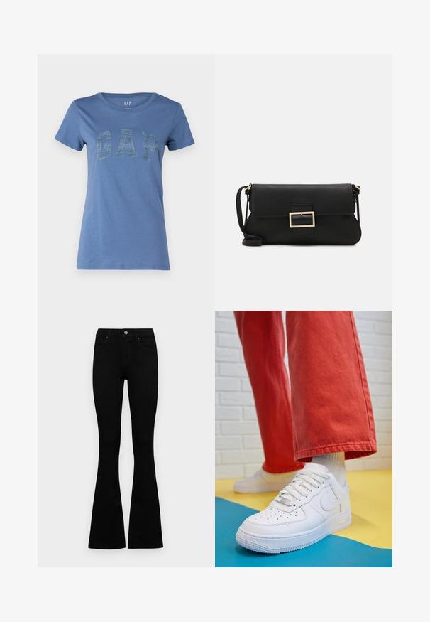 T-shirt in cotone blu con scollatura rotonda e maniche corte, caratterizzato da un logo "GAP" in evidenza con un design testurizzato sul davanti.; Jeans neri a vita alta con chiusura a bottoni e zip, tasche frontali e gambali svasati, distesi su uno sfondo bianco.; Sneaker bianco in pelle con punta perforata, suola testurizzata e lacci bianchi, abbinati a pantaloni rossi larghi e uno sfondo blu e giallo.; Borsa a mano in pelle nera con patta e dettaglio in metallo dorato. Include una tracolla nera e un design elegante e minimalista.; Orecchini a cerchio in oro con una finitura liscia e lucida. Design circolare con un piccolo perno e una chiusura trasparente per un indosso sicuro.