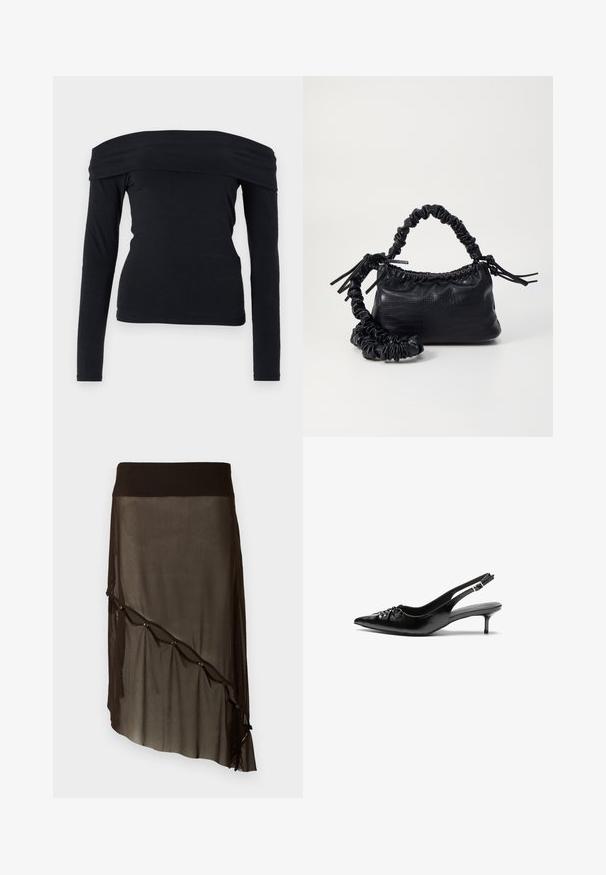 Black off-the-shoulder long-sleeve top made of a soft, smooth fabric; fitted shape with a wide neckline and a simple design.; Black mesh skirt with a fitted waistband, asymmetrical hem, decorative buttons along the front, and layered sheer texture.; Black leather slingback heels with a pointed toe, small kitten heel, and a decorative knot detail on the front. Smooth texture throughout.; Black faux leather handbag with a crocodile texture, cinched top, and a scrunched strap. Appears soft and compact in design.