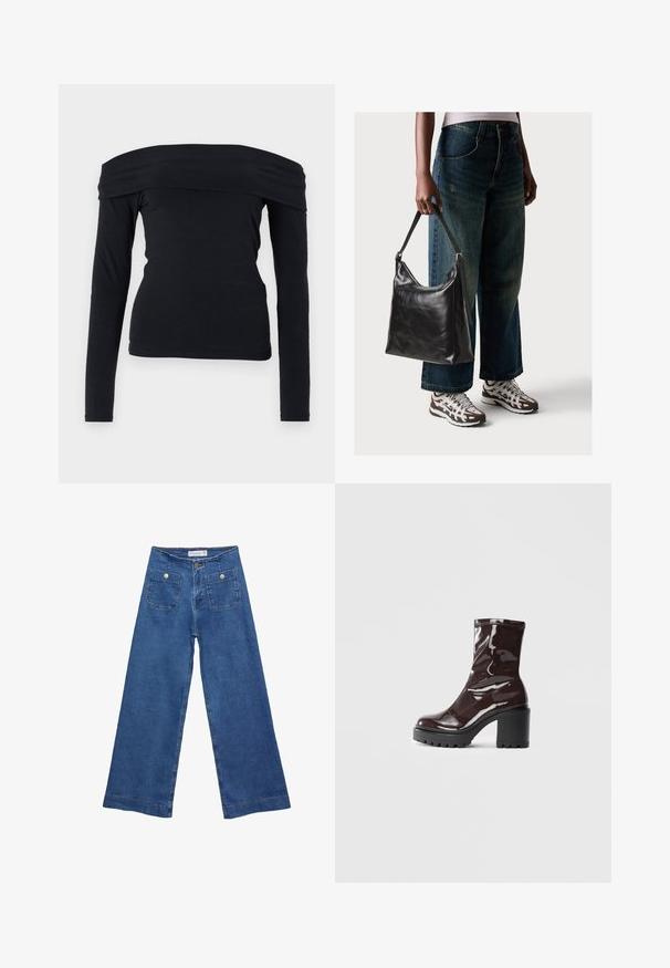 Czarna bluzka typu off-the-shoulder z długim rękawem, wykonana z miękkiej, gładkiej tkaniny; dopasowany krój z szerokim dekoltem i prostym wzornictwem.; Jeans dżinsowe o szerokich nogawkach w średnim niebieskim odcieniu, z dwiema przednimi kieszeniami zapinanymi na guziki oraz przeszyciami wzdłuż dołów nogawek.; Błyszczące bordowe botki za kostkę z masywną czarną obcasem, charakteryzujące się gładką teksturą i prostym wzornictwem. Brak widocznych zapięć lub wzorów.; Czarna skórzana torba na ramię o gładkiej fakturze i regulowanym pasku, w zestawieniu z wyblakłymi dżinsami typu wide-leg i sportowymi butami.
