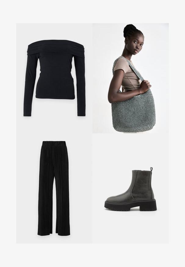 Fekete, vállnélküli, hosszú ujjú felső, puha, sima anyagból; testhezálló szabás széles kivágással és letisztult dizájnnal.; Fekete pliszírozott nadrág gumis derekkal. Széles lábakkal rendelkezik, sima, texturált anyagból készült, függőleges csíkokkal.; Fekete bokacsizmák sima szintetikus felsőrésszel, elasztikus oldalbetétekkel, húzófüllel és masszív gumitalppal.; Szürke horgolt táska texturált felülettel és széles, lapos pánttal, egy bézs felső mellett tartva, tágas, struktúrált dizájnnal.