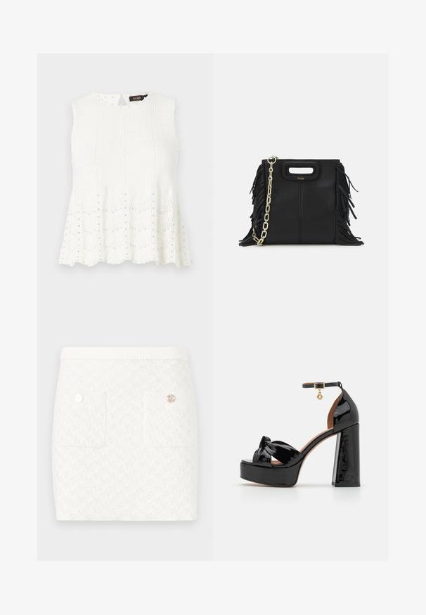 Maje MIPERLA - Top - blanc; Kort hvid nederdel med et tekstureret mønster, der har to forlommer og dekorative knapper i gyldent metal. Elastisk talje for komfort.; Maje Højhælede sandaletter / Højhælede sandaler - noir; Sort læder skuldertaske med frynse-detaljer, guldkæde skulderrem og udskåret håndtag. Har logo placeret på forsiden.