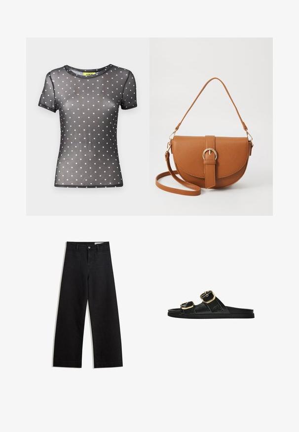 JJXX JXBLAKE MESH TOP - Tričko s potlačou - black; Čierne denimové nohavice s širokými nohavicami a vysokým pásom, so prednými a zadnými vreckami, šitými švami a zapínaním na gombík. Hladká textúra.; Čierne šľapky s dvoma zlatými prackami, hladký textúrovaný materiál, plochá podrážka a minimalistický dizajn.; Hnedá kožená kabelka cez telo s zakriveným tvarom, zlatými kovovými doplnkami a akcentom s prackou. Obsahuje odnímateľný ramenný popruh.