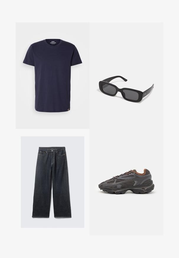 Tamsiai mėlynas medvilnės marškinėliai su apvalia iškirpte ir trumpomis rankovėmis. Savybės: mažas emblemos juostelė apatiniame krašte ir glotni tekstūra.; Tamsiai mėlynos plačių kojų džinsai su aukštu liemeniu, su kontrastingais oranžiniais siūlais, penkiomis kišenėmis ir priekiniais užsegimais.; Lacoste sportbačiai tamsiai pilki, pagaminti iš tinklinės ir sintetinių medžiagų, su tekstūruotu padu ir rudomis detalėmis ant apykaklės bei prekės ženklo.; Juodos stačiakampės saulės akinios su tamsiais lęšiais, lygiais plastikiais rėmeliais ir plačiomis kojelėmis. Subtilus ženklinimas šone.