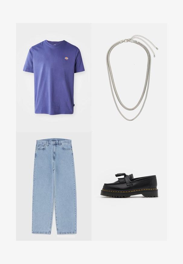 Purple cotton t-shirt with a crew neck and short sleeves. Features a small logo on the chest. Smooth texture, casual fit.; Light blue denim jeans with straight leg design, featuring a mid-rise waist, five pockets, and a button and zipper closure.; Black leather loafer with a tasseled accent, featuring a chunky black sole and yellow stitching along the edge. Textured finish.; Three-layered silver metal necklace featuring sleek, flexible chains with a slight sheen, secured with a lobster clasp and adjustable chain.