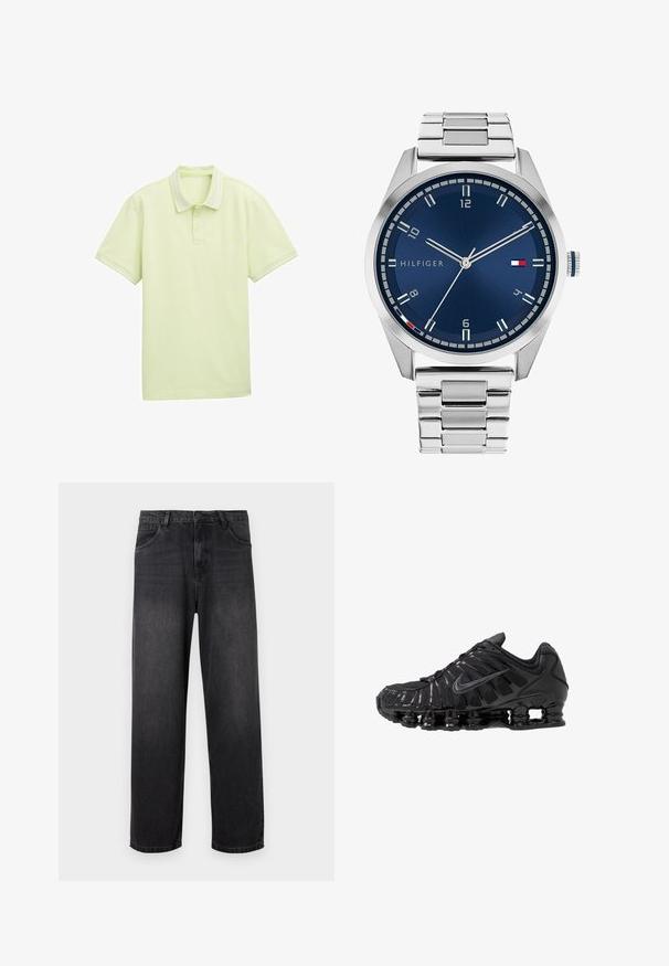 Gaiši zaļa polo krekls, īsas piedurknes, mīksta auduma, divu pogu aizdare, balta josla apkakles un piedurkņu malās. Vienkārša logo priekšpusē.; Tumši pelēki džinsi ar taisnu kāju dizainu, ar rāvējslēdzēja aizdari, piecām kabatām un smalkiem izbalējumu elementiem uz auduma.; Melnas sporta kurpes no acs un sintētiskiem materiāliem ar izteiktu viļņotu dizainu, melnu gumijas zoli un atstarojošām detalizācijām.; Sudraba metāla pulkstenis ar apstrādātu zilu ciparnīcu, baltām stundu atzīmēm un datuma displeju. Iespējo saistīta metāla josla un zīmola logo.