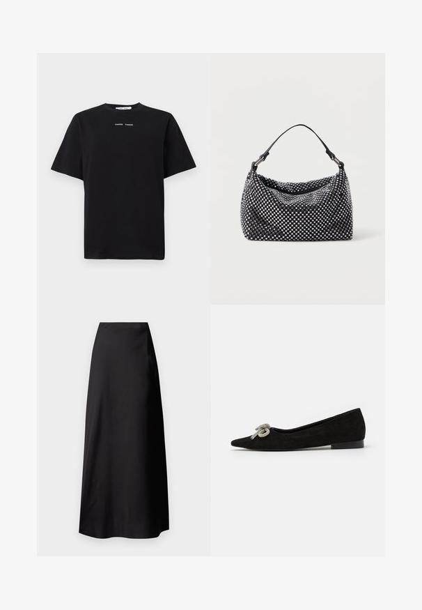 Crna majica kratkih rukava od pamuka, s okruglim izrezom i dva mala bijela loga centrirana na prednjem dijelu. Glatka tekstura.; Crna saten maxi suknja s glatkom teksturom, visokim strukom, lepršavim siluetom i bez vidljivih uzoraka ili metalnih detalja.; Crna semiš balerinka s oštrim nosom, ukrašena dekorativnom srebrnom mašnom sprijeda, s niskom petom.; Crna i srebrna torba s tkanom, teksturiranom površinom koja sadrži kvadratne uzorke, s jednim gornjim ručkom i opuštenim dizajnom.