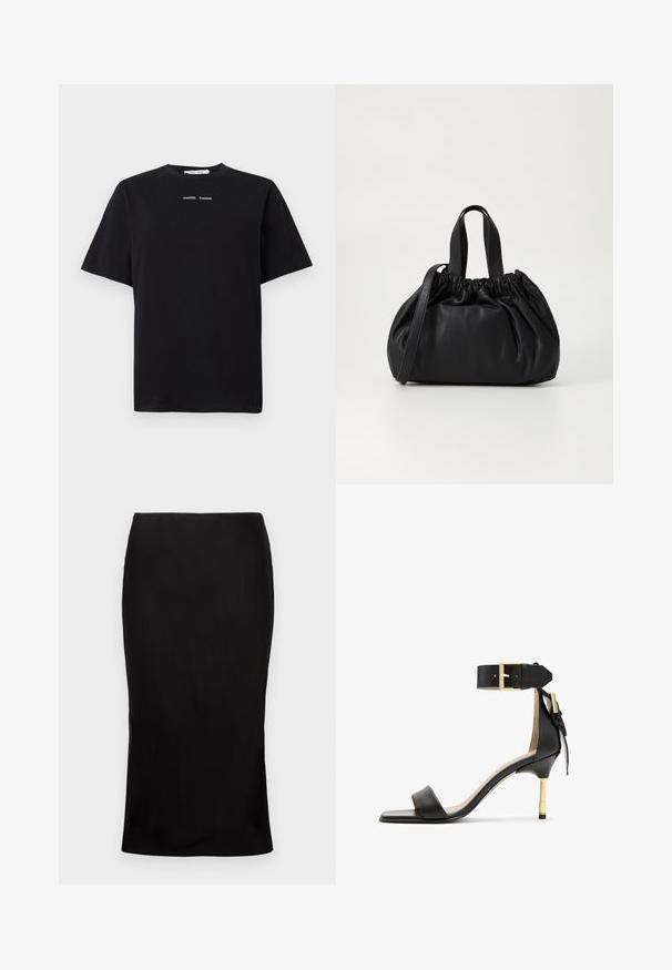 Black short-sleeve t-shirt made of cotton, featuring a round neck and two small white logos centered on the front. Smooth texture.; Black, fitted midi skirt with a smooth texture, side slit detail, and a classic waistband. Designed for an elegant silhouette.; Black leather heeled sandal with a square toe, ankle strap featuring a gold buckle, and a slender metallic heel. Smooth texture, minimalist design.; Black leather handbag with a gathered top design, featuring two short handles and a long adjustable strap. Smooth texture, rounded shape.