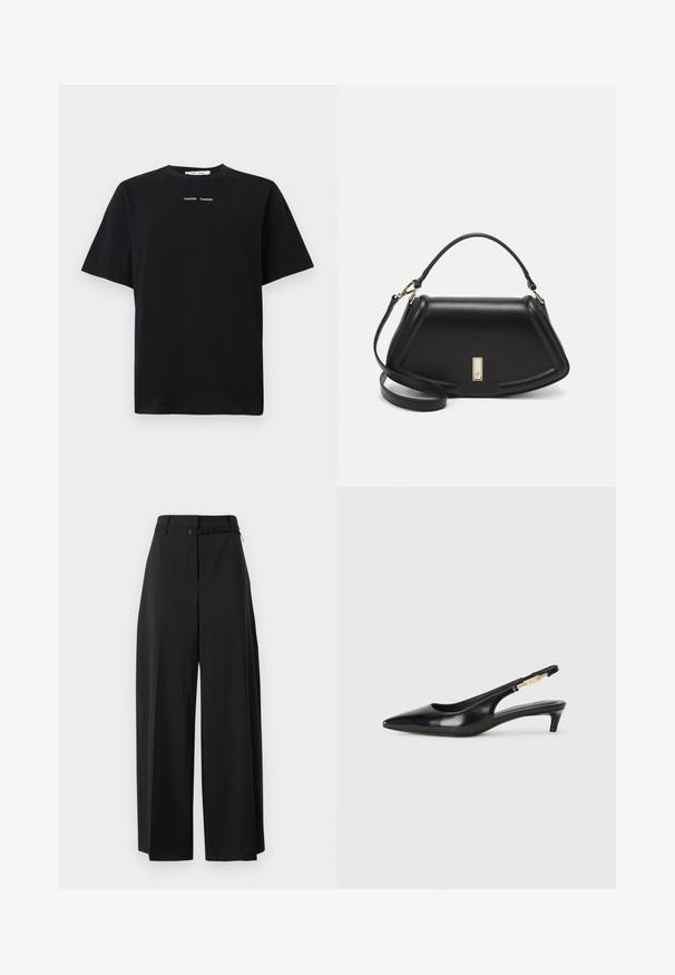 Mustat lyhyet hihansuut t-paita, joka on valmistettu puuvillasta, jossa on pyöreä kaula-aukko ja kaksi pientä valkoista logoa keskellä etuosaa. Sileä pinta.; Mustat leveät housut korkealla vyötäröllä ja vyöllä. Ominaisuuksiin kuuluu sileä pinta ja siistit linjat, suunniteltu rentoon istuvuuteen.; Mustat nahkaiset slingback-korkokengät, joissa on terävä kärki, ohuet korot ja kultasävytteinen yksityiskohta säädettävässä hihnassa. Silkkinen pinta.; Mustalla nahkalaukulla, jossa on jämäkkä muotoilu, lyhyt malli, yläkahva ja kultaiset yksityiskohdat. Säädettävä olkahihna sisältyy.