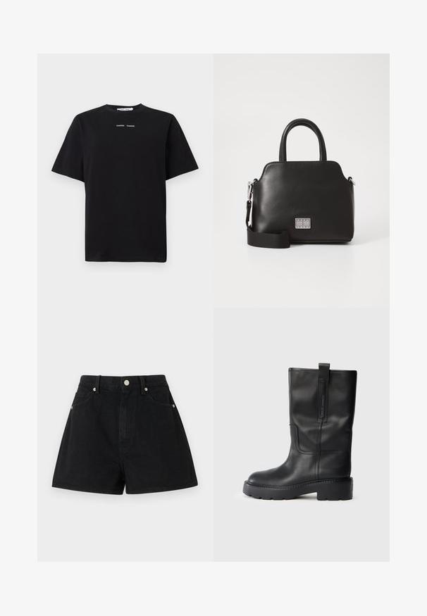 Black short-sleeve t-shirt made of cotton, featuring a round neck and two small white logos centered on the front. Smooth texture.; Black denim shorts with a high waist, five pockets, silver hardware, and a standard fit, featuring a smooth texture and clean finishing.; Black leather knee-high boots with a sleek design, featuring a thick sole and a side pull tab for easy wear. Notable stitching accents.; Black synthetic handbag with top handles, detachable shoulder strap, rounded shape, smooth texture, and silver logo accent on the front.