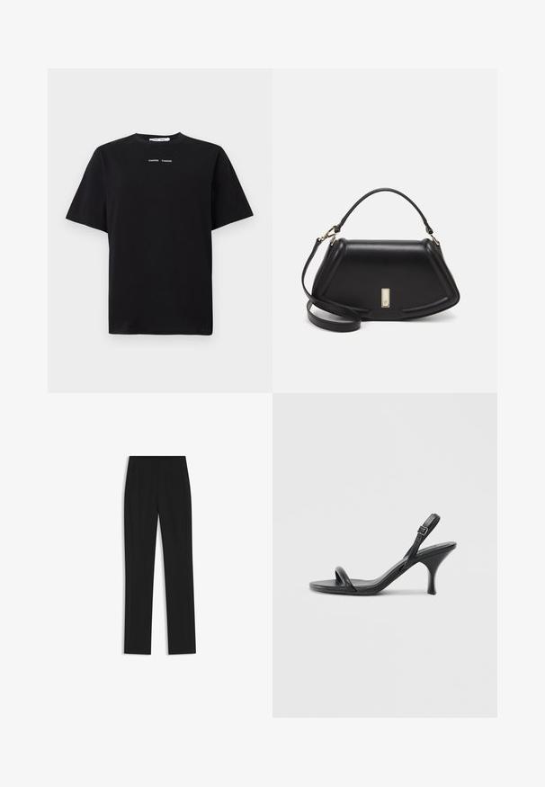 Camiseta negra de manga corta hecha de algodón, con cuello redondo y dos pequeños logotipos blancos centrados en la parte delantera. Textura suave.; Pantalones de traje negros con un diseño de pierna recta, que cuentan con bolsillos delanteros y una tela suave y texturizada. Detalles limpios y minimalistas.; Sandalias de tacón alto de cuero negro con un tacón delgado y curvado y un diseño de tiras cruzadas. Correa para el tobillo ajustable. Textura suave.; Bolso de mano de cuero negro con un diseño estructurado, que presenta una forma recortada, asa superior y acentos en dorado. Correa de hombro ajustable incluida.