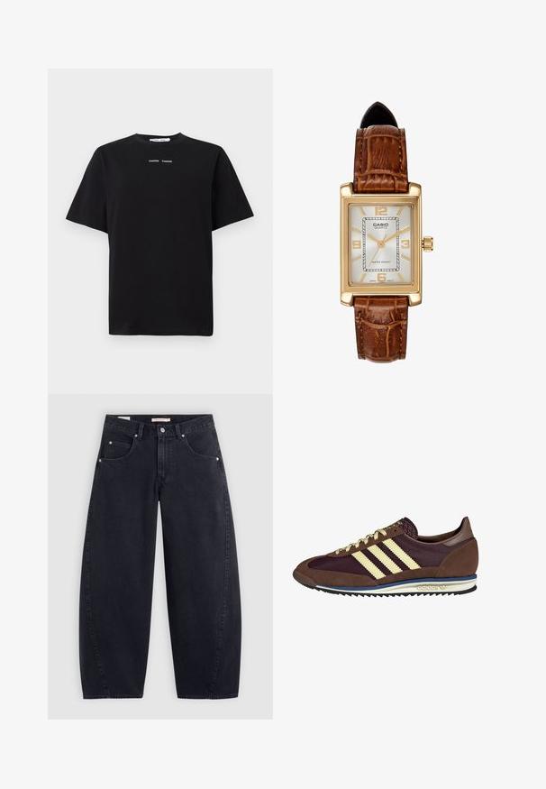Camiseta negra de manga corta hecha de algodón, con cuello redondo y dos pequeños logotipos blancos centrados en la parte delantera. Textura suave.; Jeans anchos de mezclilla negra con cintura alta, dos bolsillos delanteros y herrajes plateados. Textura suave, detalles de costura mínimos y corte recto.; Deportivas marrones y burdeos con materiales de ante y malla, con tres franjas crema, tela texturizada en la lengüeta y suela de goma.; Reloj de cuarzo Casio con caja rectangular en tono dorado, esfera blanca, marcadores de horas dorados y correa de cuero marrón con patrón de cocodrilo. Resistente al agua.