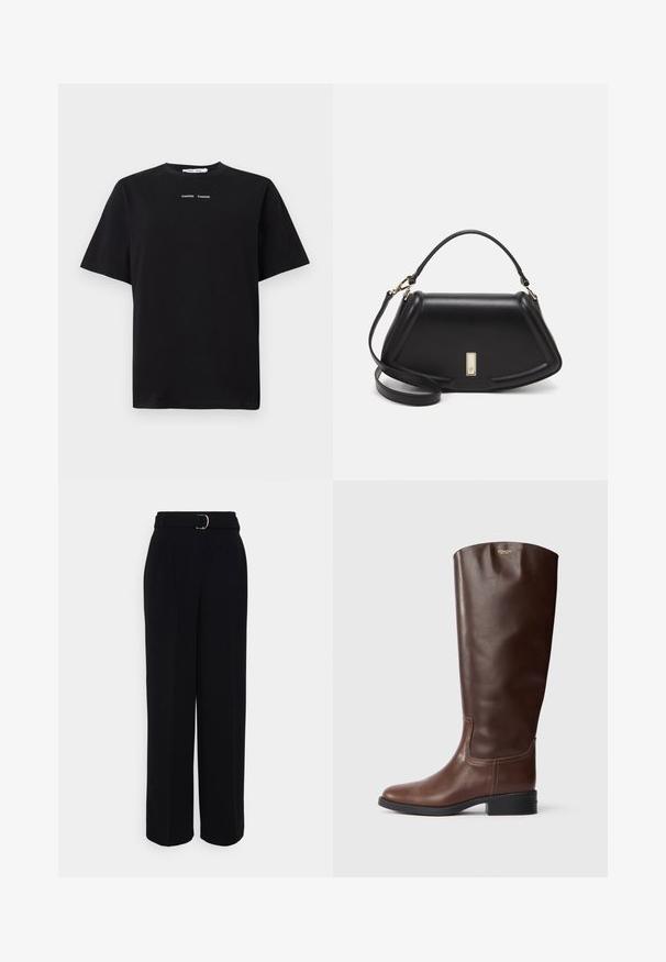 Mustat lyhyet hihansuut t-paita, joka on valmistettu puuvillasta, jossa on pyöreä kaula-aukko ja kaksi pientä valkoista logoa keskellä etuosaa. Sileä pinta.; Mustat räätälöidyt housut, joissa on leveä lahkeensilhuetti, vyö hopeasoljella, laskokset ja sileä kankaan tekstuuri.; Ruskotuiset, ruskeat polven korkuiset saappaat, joissa on sileä pinta, pyöreä kärki ja matala lohkokanta. Niissä on hienovarainen ommelkuvio ja logo ylhäällä.; Mustalla nahkalaukulla, jossa on jämäkkä muotoilu, lyhyt malli, yläkahva ja kultaiset yksityiskohdat. Säädettävä olkahihna sisältyy.