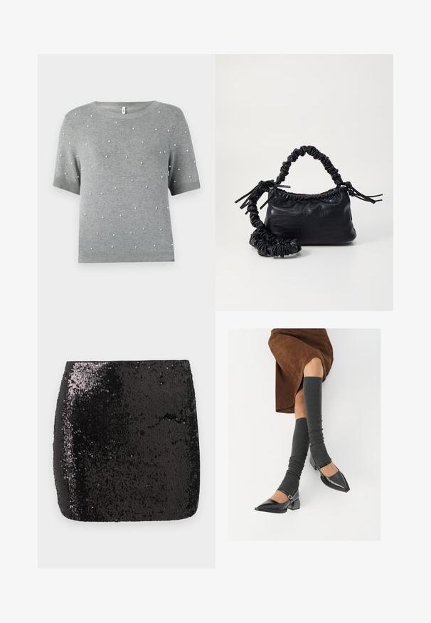 Gray short-sleeve sweater featuring a crew neck and scattered white pearl-like accents. Soft knit texture with ribbed hem and sleeves.; Black sequined mini skirt with a fitted shape, smooth texture, and shiny surface, reflecting light to create visual interest.; Black patent leather pointed-toe shoes with a block heel and ankle strap, paired with gray ribbed leg warmers and a brown suede skirt.; Black faux leather handbag with a crocodile texture, cinched top, and a scrunched strap. Appears soft and compact in design.