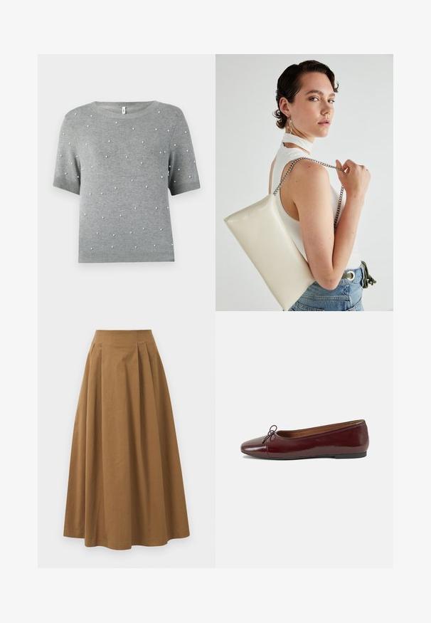 Grauer Kurzarmpullover mit Rundhalsausschnitt und verstreuten, perlenähnlichen weißen Akzenten. Weiche Stricktextur mit geripptem Saum und Ärmeln.; Brauner Baumwoll-A-Linien-Rock mit hoher Taille, der vorne Falten aufweist und eine glatte Textur hat. Der Saum ist sauber und einfach verarbeitet.; Burgunderfarbenes, lackiertes Ballettschuh mit abgerundetem Zehenbereich, kleiner Schleifenakzent vorne und einer niedrigen, schwarzen Gummisohle. Glatte Textur.; Weiße rechteckige Clutch aus glänzendem Material mit einem silbernen Kettenriemen. Das Model posiert und präsentiert die Tasche vor einem schlichten Hintergrund.