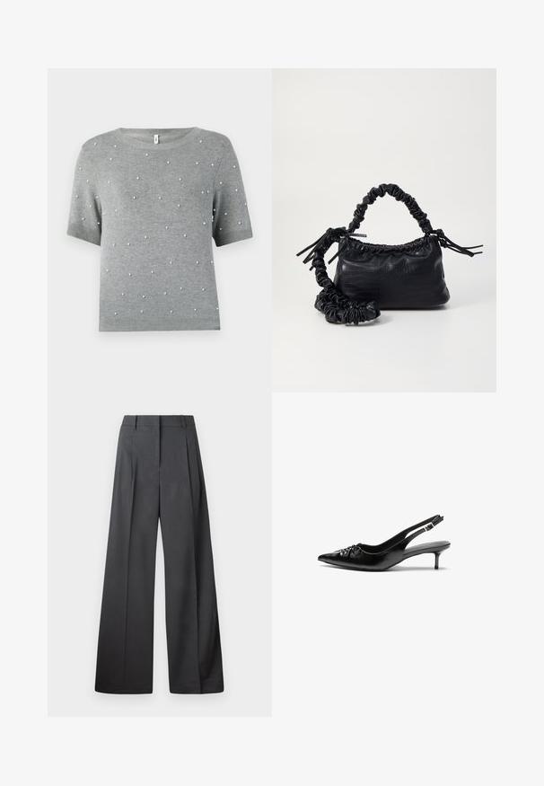 Gray short-sleeve sweater featuring a crew neck and scattered white pearl-like accents. Soft knit texture with ribbed hem and sleeves.; Wide-leg trousers in dark gray fabric, featuring a high waist, single pleats, and a smooth texture with a clean finish at the hems.; Black leather slingback heels with a pointed toe, low kitten heel, and gathered detail on the vamp. Smooth texture and minimalist design.; Black faux leather handbag with a crocodile texture, cinched top, and a scrunched strap. Appears soft and compact in design.