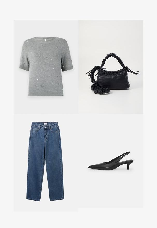 Pilkas trumpa rankovė megztinis su apvalia apykakle ir išbarstytomis baltomis perlų panašiomis detalėmis. Minkšta trikotažo tekstūra su raukiniais apyvakarėse ir rankovėse.; Klasikiniai mėlynos džinsinio audinio džinsai su tiesiomis kojomis, penkiomis kišenėmis ir mygtukų uždarymu. Pasižymi vidutiniu skalbimu ir tvirtu audiniu.; Juodos odinės slingback bateliai su smailiu nosiu ir plonu, lenktu kulnu. Yra diskretiška reguliuojama juostelė su metaliniu sagtimi.; Juodas dirbtinės odos rankinė su krokodilo tekstūra, sušnibždinta viršuje ir susikraipytu dirželiu. Atrodo minkšta ir kompaktiška.