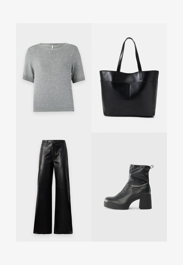 Pilkas trumpa rankovė megztinis su apvalia apykakle ir išbarstytomis baltomis perlų panašiomis detalėmis. Minkšta trikotažo tekstūra su raukiniais apyvakarėse ir rankovėse.; Juodos aukšto juosmens plačios kojų dirbtinės odos kelnės su priekiniais mygtukais, užtrauktuku, diržo kilpomis ir šoninėmis kišenėmis ant balto fono.; Juodos kulkšninių botai, pagaminti iš lygaus odos, su šoniniu užtrauktuku, masyviu tekstūruotu kulnu ir apvaliu pirštu.; Juoda odinė rankinė su dviem ilgais diržais, lygiu paviršiumi ir struktūrizuota forma. Yra priekinė kišenė papildomam saugojimui.