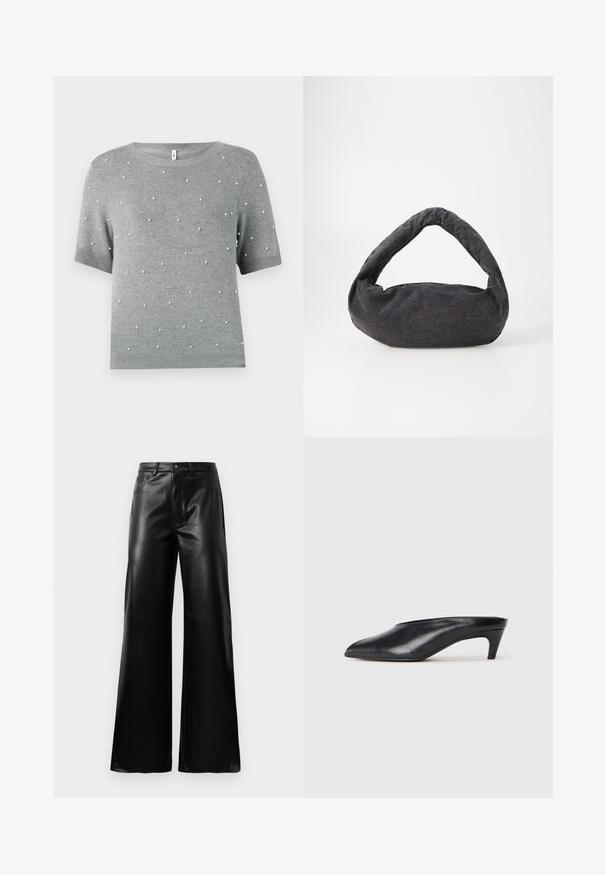 Gray short-sleeve sweater featuring a crew neck and scattered white pearl-like accents. Soft knit texture with ribbed hem and sleeves.; Black high-waist wide-leg faux leather pants with front button, zip closure, belt loops, and side pockets on white background.; Black leather mules with a tapered toe, low heel, and smooth texture. Minimalistic design with no visible hardware or patterns.; Dark gray fabric bag with a curved handle, soft texture, and rounded shape. No visible hardware or embellishments.