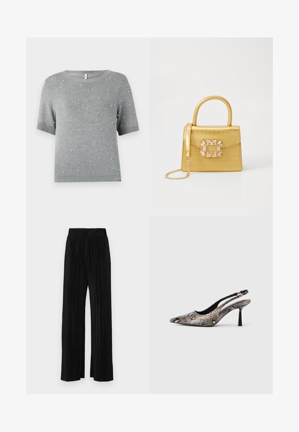 Šedý krátky sveter s krátkym rukávom, ktorý má okrúhly výstrih a rozptýlené biele perlové akcenty. Mäkko pletená textúra so ryhovaným lemom a rukávmi.; Čierne plisované nohavice s elastickým pásom. Majú široké nohavice a hladkú, textúrovanú látku s vertikálnymi pruhmi.; Špicaté slingback topánky vyrobené z textúrovaného hadieho vzoru, s tenkým čiernym podpätkom a výrezovým dizajnom na stranách.; Žltá falošná krokodília kabelka so štruktúrovaným dizajnom, horným držadlom, odnímateľným reťazovým popruhom a dekoratívnym kryštálovým ozdobením na zapínaní.