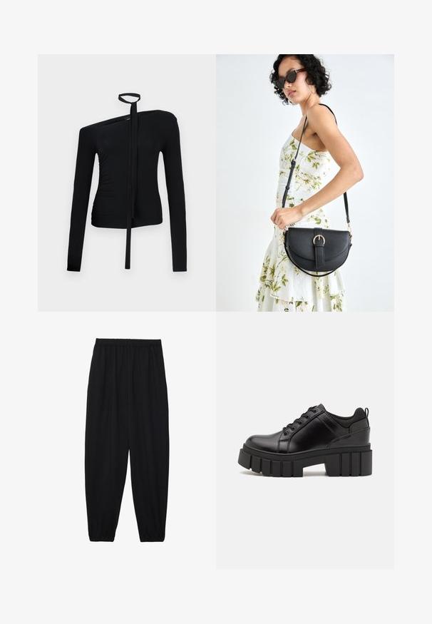 Juodas ilgomis rankovėmis viršus, turintis asimetrinį iškirpimą, kaklo raištelio detalę ir raukšlėjimą vienoje pusėje, sukuriantį prigludusią siluetą.; Juodi, lengvi kelnių su elastinga juosmens juosta ir surinktais kulkšniais. Audinys yra lygus ir turi atsipalaidavusį, siaurėjantį dizainą.; Juodi odiniai platformos batai su masyviu blokuota kulniuku, apvalia nosimi ir tradiciniu šnypštimo dizainu. Turintys glotnų paviršių ir minimalų dekoravimą.; Juodas odinis krepšys su išlenkta forma, nuimamu dirželiu ir auksiniais detalėmis. Krepšys turi kilpą su sagtimi.