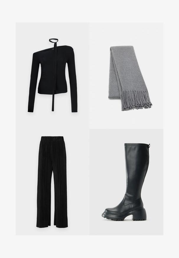 Crna majica dugih rukava s asimetričnim izrezom, detaljem vezanja oko vrata i nabranjem s jedne strane za prilagođen siluetu.; Crne plisirane hlače s elastičnim pojasom. Imaju široke nogavice i glatku, teksturiranu tkaninu s vertikalnim prugama.; Visoke crne kožne čizme s debelim platformskim đonom i blok petom, s patentom za povlačenje i teksturiranim uzorkom na potplatu.; Siva vuna šal s mekom teksturom, s resama na rubovima i jednostavnim dizajnom. Neatno presavijen, ističući svoj izduženi oblik.
