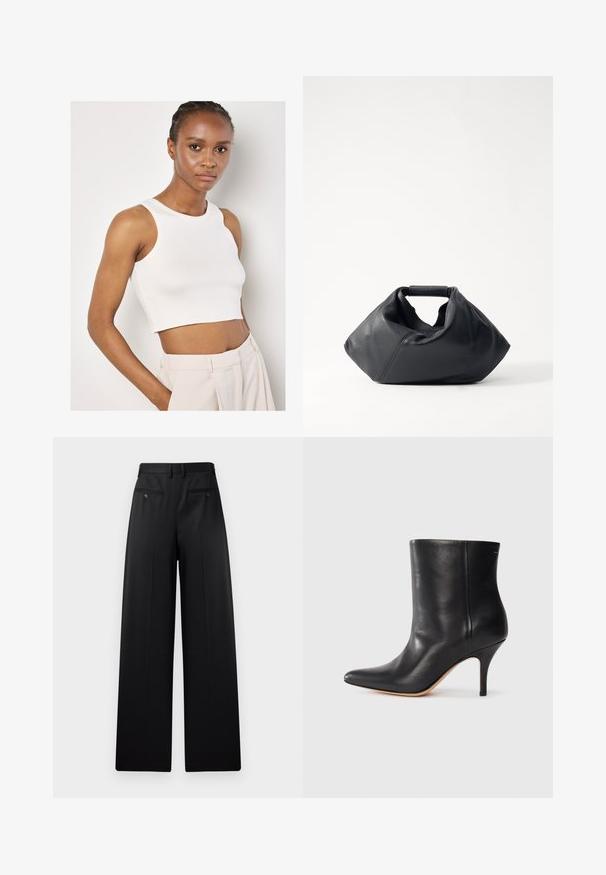 Apricot Top - white; Pantalones de pierna ancha negros con frente plano, dos bolsillos traseros con botones y una textura suave. Diseño ajustado con corte recto.; Botín de cuero negro con punta afilada, tacón de aguja delgado y textura lisa. Diseño minimalista sin hardware o acentos visibles.; Bolso de cuero negro con un exterior texturizado, forma arrugada única y un asa corta. Presenta un único compartimento principal.