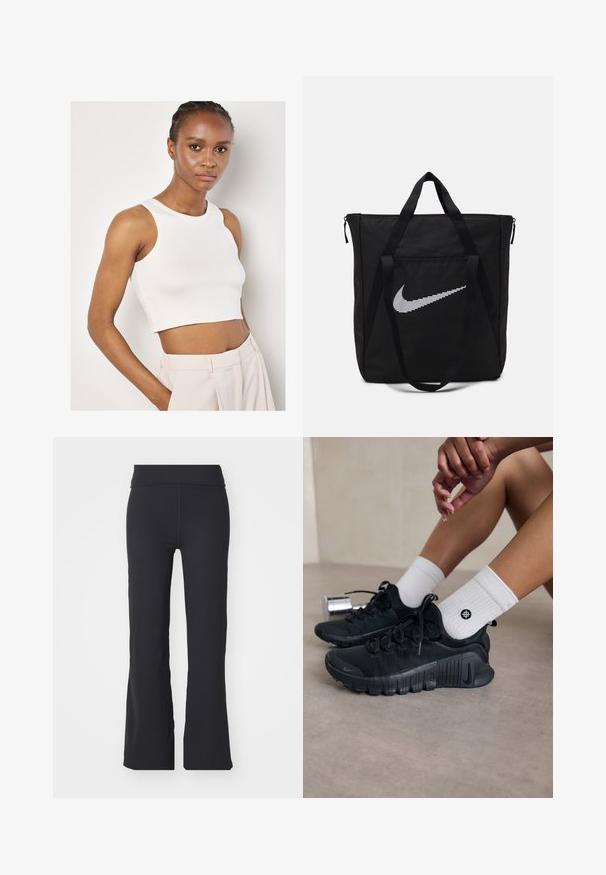 Apricot Top - white; Schwarze Schlaghosen aus dehnbarem Material mit hohem Bund. Verfügt über klare Linien und eine glatte Textur, geeignet für Freizeitkleidung.; Schwarze Sportschuhe aus strukturiertem Stoff, mit Schnürdesign und auffälliger Sohle, kombiniert mit weißen gerippten Socken, die ein kleines Logo tragen.; Schwarze Nylon-Tragetasche mit zwei stabilen Griffen und Reißverschluss. Enthält ein auffälliges weißes Nike-Swoosh-Logo in einem horizontalen Streifendesign.