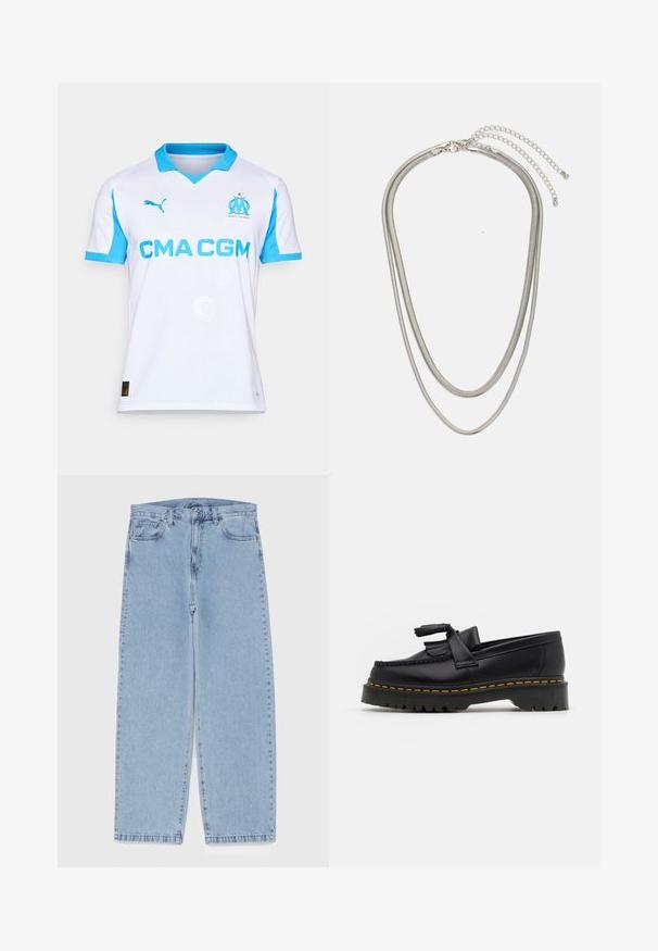 Bela nogometna majica z svetlo modrimi poudarki, ki ima V-izrez, kratke rokave, logotip na prsih in ponovljene vzorce v subtilni teksturi.; Svijetloplave traperice s ravnim nogavicama, srednjeg struka, pet džepova te zatvaranjem na gumb i munju.; Črne usnjene loafersice s kaširanim naglasom, z debelim črnim podplatom in rumenim šivom ob robu. Teksturirana površina.; Tri-slojni srebrni kovinski ogrlica z elegantnimi, fleksibilnimi verigami z rahlim leskom, varovana z zaponko s katero se zaključi in nastavljivo verigo.
