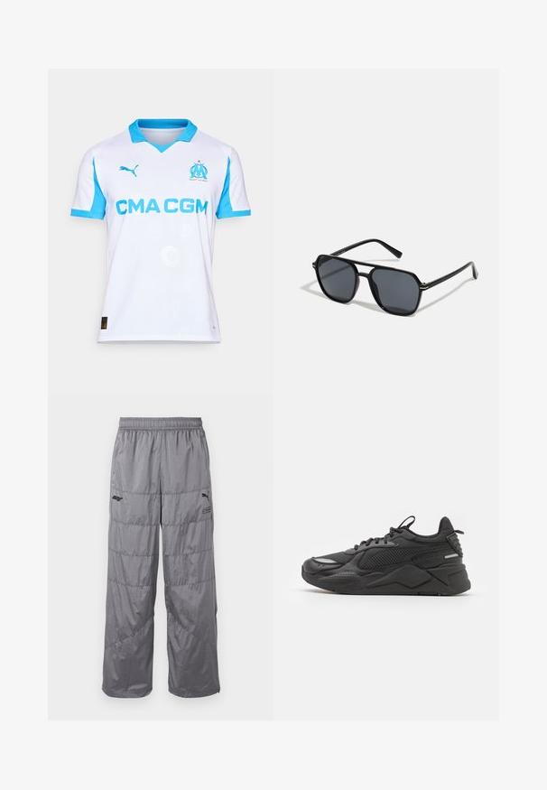 Hvit fotballtrøye med lyseblå detaljer, med v-hals, korte ermer, logo på brystet, og gjentatte mønstre i en subtil tekstur.; Grå puffbukser med elastisk midje, med quiltede designlinjer og en liten svart logo på venstre lår. Lett materiale.; Svart sneakers med en teksturert overdel, som har mesh og syntetiske materialer, en tykk såle og reflekterende detaljer for synlighet.; Sorte solbriller med ottekantet ramme, mørke linser, blank finish, tynde stænger og guld accenter på fronten.