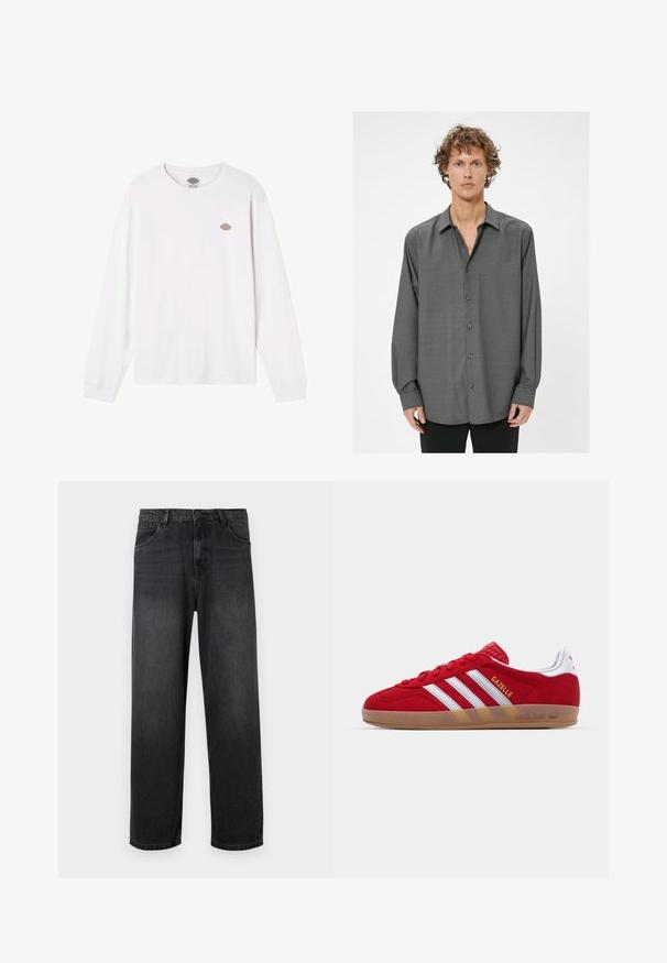 Valkoinen pitkähihainen t-paita, joka on valmistettu puuvillasta. Siinä on pieni pyöreä monivärinen logo rinnassa. Yksinkertainen muotoilu, jossa on ribattu hihansuu.; Tummanharmaa pitkähihaisella paidalla, jossa on nappikiinnitys edessä, hienovaraista tekstuurikuosia ja klassinen kaulus. Napit ovat tummanharmaat.; Tumma harmaat farkut suora lahjerakenteella, varustettuna vetoketjullisella haaroilla, viidellä taskulla ja hienovaraisilla haalistumis yksityiskohdilla kankaassa.; Punainen mokkanahkainen lenkkitossu, jossa on valkoinen kolmiraidallinen kuvio ja kultaiset "Gazelle"-tekstit. Varusteena kuminen pinta ja teksturoitu kanta.