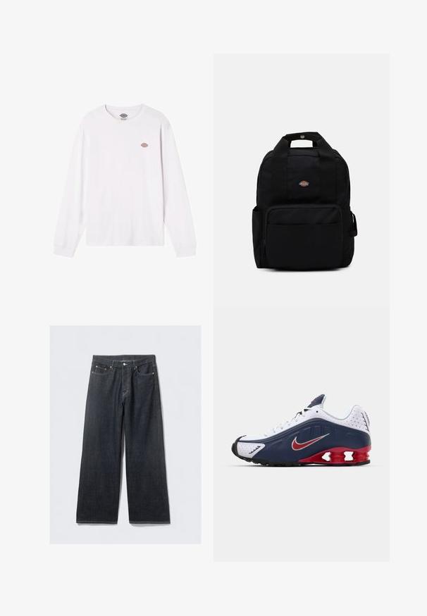 Hvit langermet t-skjorte laget av bomull. Har en liten rund flerfarget logo på brystet. Enkelt design med ribbestrikkede mansjetter.; Mørk denim vid jeans med høy midje, med kobberfargede nagler og kontrastsøm, glatt tekstur og uten synlige mønstre.; Hvit og marineblå sportsko med røde detaljer, meshpaneler, polstret krage og et distinkt såledesign som har synlige dempeenheter.; Svart ryggsekk laget av slitesterkt stoff, med to skulderstropper, et topphåndtak og en frontlomme med glidelås. Logo på forsiden.