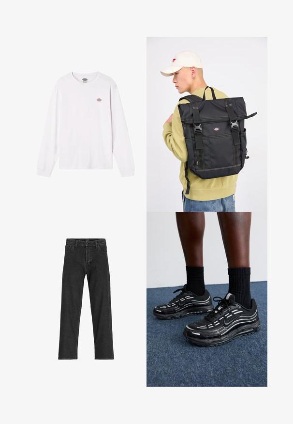 White long-sleeve t-shirt made of cotton. Features a small round multicolored logo on the chest. Simple design with ribbed cuffs.; Black denim jeans with a straight leg design, featuring a zip fly, belt loops, and six pockets, made from a sturdy cotton blend fabric.; Black Nike shoes feature a mesh upper with accent stripes, textured lacing, and a black rubber sole. Worn with black ribbed socks.; Man wearing beige cap and olive sweatshirt carries large black roll-top backpack with buckles and front zipper pocket.