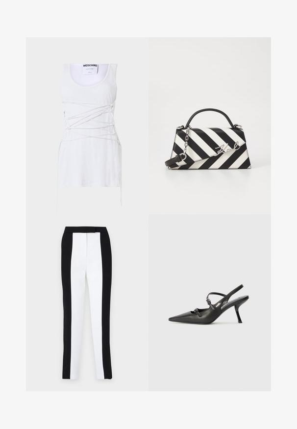 Hvid ribbet tanktop med krydsende snøring, der har en rund hals og en lige kant. Mærke: Moschino Couture.; Sorte og hvide tapered bukser med en slim fit og kontrasterende paneler. Stoffet har en glat tekstur; taljebåndet er fladt og tætsiddende.; Sorte læder slingback hæle med spids tå, slank hæl og dekorativ spænde detalje på vampen. Glat tekstur og strømlinet design.; Sort-hvid stribet håndtaske med en struktureret form, der har et håndtag på toppen, en aftagelig kædestrop og et metallisk logo som accent.