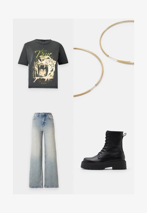 JDY JDYFAROCK ELINA - Camiseta estampada - black; Jeans de mezclilla de tiro alto y pierna ancha en color azul claro, con cinco bolsillos y costuras visibles a lo largo de las costuras.; Botas de cuero negras hasta el tobillo con punta redonda, cordones en la parte delantera y una suela de goma gruesa con un dibujo texturizado. Tirador en la parte trasera.; Pendientes de aro color dorado, delgados y redondos, con un acabado metálico suave y sin adornos ni patrones.