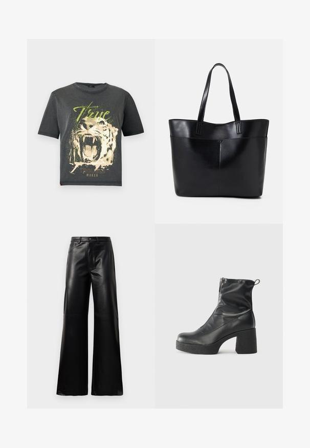 JDY JDYFAROCK ELINA - T-shirts med print - black; Sorte høy midje vide ben bukser i imitert skinn med knapp foran, glidelås, beltehemper og sidelommer på hvit bakgrunn.; Svarte ankelstøvler laget av glatt lær, med glidelås på siden, chunky strukturert hæl, og rund tå-design.; Svart lær toteveske med to lange håndtak, en glatt tekstur og en strukturert form. Har en frontlomme for ekstra oppbevaring.