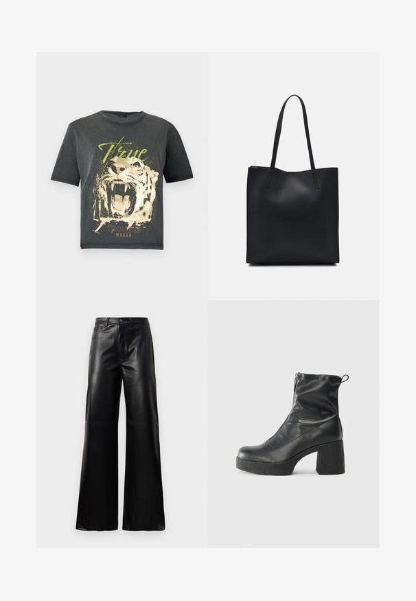 JDY JDYFAROCK ELINA - Printtipaita - black; Mustat korkeat leveät keinonahkahousut, joissa on etupainike, vetoketjukiinnitys, vyölenkit ja sivutaskut valkoista taustaa vasten.; Mustat nilkkurit, jotka on valmistettu sileästä nahasta. Niissä on sivuvetoketju, paksu teksturoitu korko ja pyöristetty kärki.; Mustapahkainen kangaskassi, jossa on sileä pinta, suorakaiteen muotoinen ja kaksi pitkää kahvaa. Ei näkyvää metalliosaa tai koristeita.