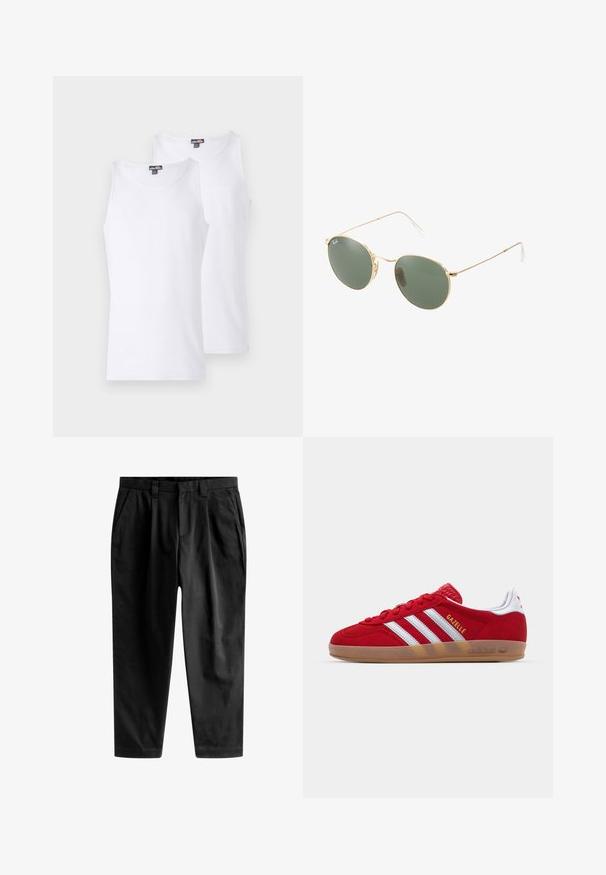 Baltās kokvilnas bez piedurknēm augšdaļas divu komplektā, ar apaļu kakla izgriezumu un slaidu piegriezumu. Tīši logo detaļa uz krūšu daļas. Mīksta tekstūra.; Melnas bikses, kas izgatavotas no gludas auduma, ar pielāgotu piegriezumu, priekšējiem krokām un klasisku jostasvietu ar jostu cilpu.; Sarkans zamšs kedas ar baltu triju strīpu dizainu un zelta "Gazelle" tekstu. Iekļauj gumijas zoli un teksturētu papēdi.; Zelta metāla rāmis saulesbrillēm ar zaļiem stikliem, apaļa forma, plānas kājiņas un baltas plastmasas akcenti uz roku galiem.