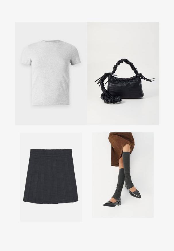 Pilkas trumpas rankovėmis marškinėliai su apvaliu iškirpimu, pagaminti iš medvilnės mišinio, pasižymintys lygiu paviršiumi ir paprastu, nepuoštu dizainu.; Tamsiai pilka klostuota sijonas su elastinga juosta, pasižymintis tekstūruotu audiniu ir klasikinė A formos siluetu. Tinka kasdieniam dėvėjimui.; Juodi lakuoti odiniai batai su aštriu kuma ir bloko kulnu, derinami su pilkais riebiais kojų šildytuvais ir rudais zomšiniais sijonais.; Juodas dirbtinės odos rankinė su krokodilo tekstūra, sušnibždinta viršuje ir susikraipytu dirželiu. Atrodo minkšta ir kompaktiška.