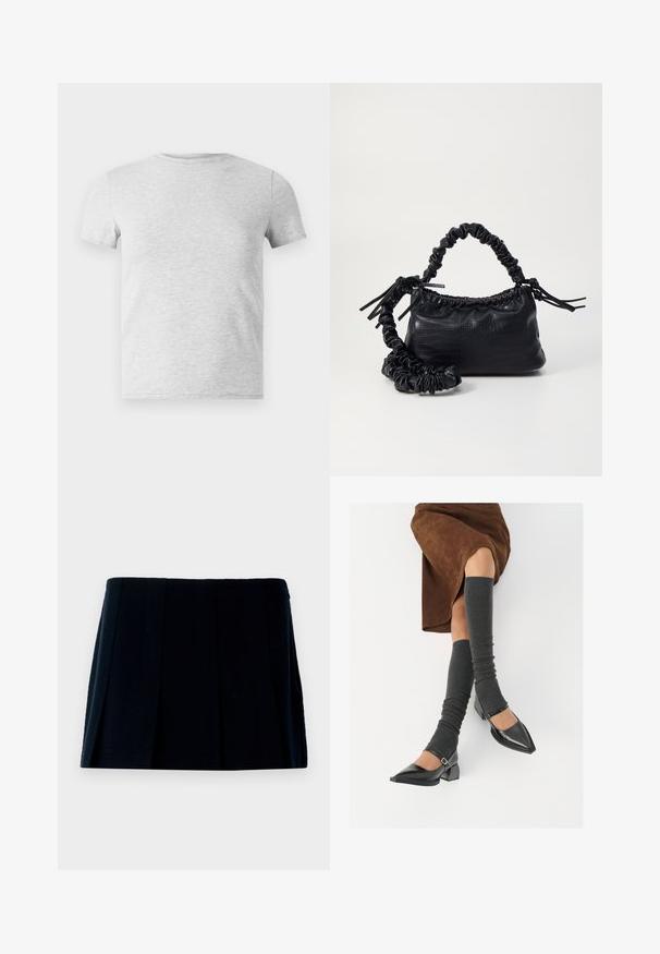 Szara koszulka z krótkim rękawem, z okrągłym dekoltem, wykonana z mieszanki bawełny, charakteryzująca się gładką fakturą i prostym, nieozdobionym wzorem.; Czarna, plisowana mini spódnica wykonana z materiału. Posiada prostą talię i wiele pionowych fałd dla kształtu i tekstury.; Czarne lakierowane buty na szpilce z prostokątnym obcasem i paskiem na kostce, zestawione z szarymi prążkowanymi ocieplaczami na nogi oraz brązową zamszową spódnicą.; Czarna torebka z syntetycznej skóry o teksturze krokodyla, z zaciąganym górnym zamknięciem i marszczonym paskiem. Wygląda na miękką i zwartą w designie.