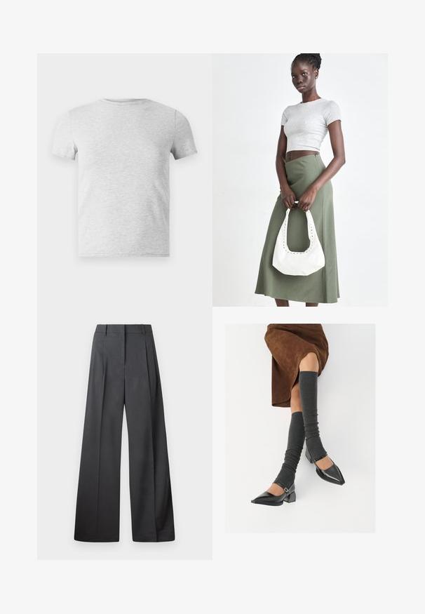 Tricou gri cu mânecă scurtă, cu gât rotund, confecționat dintr-un amestec de bumbac, având o textură netedă și un design simplu, fără ornamente.; Pantaloni culți din țesătură gri închis, cu talie înaltă, pliuri simple și o textură netedă, cu o finisare curată la tivuri.; Pantofi negri din piele lacuită, cu vârful ascuțit, toc bloc și curea la glezna, asortați cu jambiere gri cu nervuri și o fustă din suede maro.; Crop top griș cu dungi și fustă verde măsliniu cu talie înaltă. Modelul ține o geantă albă de umăr cu detalii tăiate. Design simplu, siluetă ajustată.