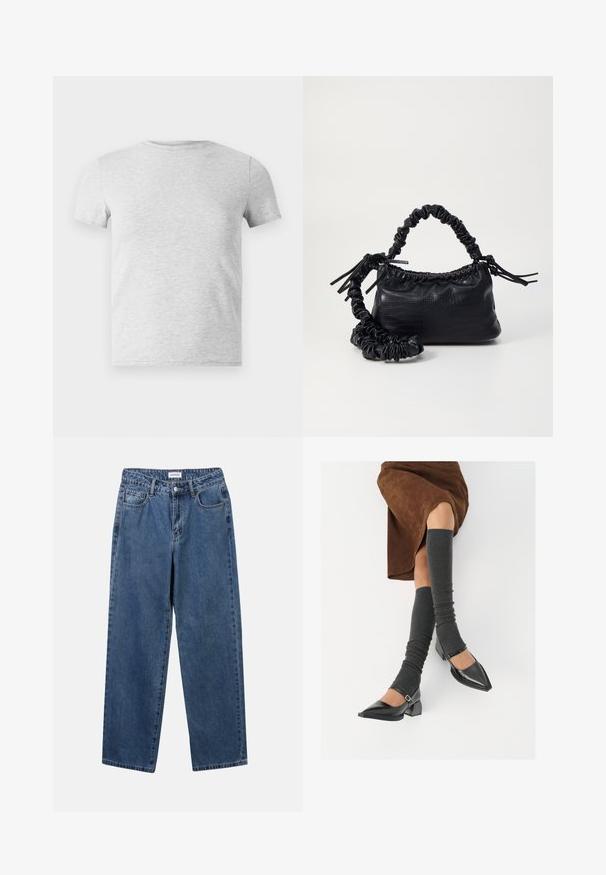 Grå kortærmet t-shirt med rund hals, lavet af en blanding af bomuld, der har en glat overflade og et enkelt, udekoreret design.; Klassiske blå denimbukser med lige ben, fem lommer og knaplukning. Har en medium vask og en robust tekstur.; Sorte patenterede lædersko med spids tå, blokhæl og ankelrem, kombineret med grå ribbede benvarmere og en brun ruskinds nederdel.; Sort kunstlæder håndtaske med krokodilteksur, indsnøret top og en sammenkrøben rem. Ser blød og kompakt ud i designet.
