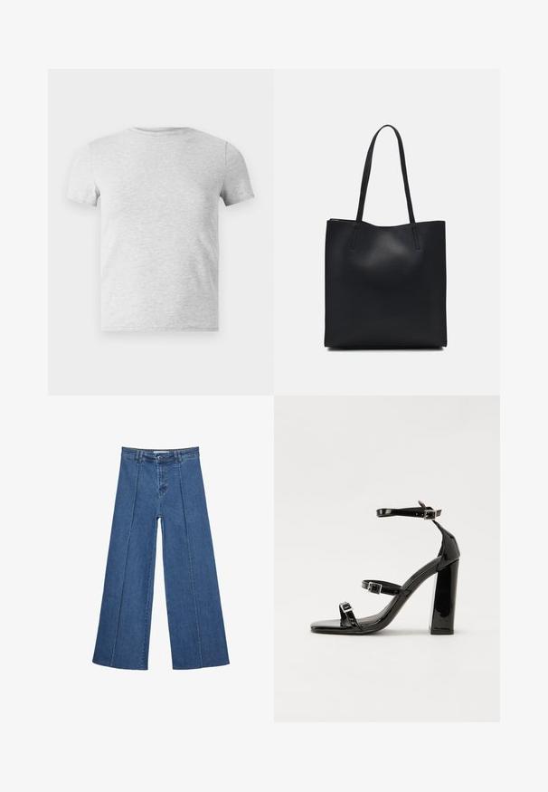 Harmaa lyhythihainen t-paita, jossa on pyöreä kaula-aukko, valmistettu puuvillasekoitteesta, ja siinä on sileä pinta sekä yksinkertainen, koristelematon muotoilu.; Korkeat vyötäröiset, keskisiniset, leveiden lahkeiden denim-farkut, joissa on nappikiinnitys ja kontrastiväriset pystysaumadetaileja edessä.; Musta kiiltävä korkokenkä sandaalit neliönmuotoisella varpaalla, nilkkaremmillä ja hopeisilla soljilla. Varustettu tukevalla lohkokorkealla vakauden takaamiseksi.; Mustapahkainen kangaskassi, jossa on sileä pinta, suorakaiteen muotoinen ja kaksi pitkää kahvaa. Ei näkyvää metalliosaa tai koristeita.