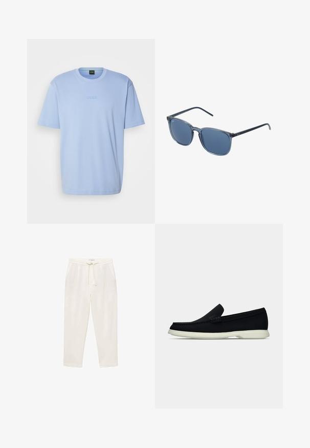 BOSS TEE - Základné tričko - open blue; Svetlo krémové jogger nohavice vyrobené z mäkkej látky, s elastickým pásom na sťahovanie, bočnými vreckami a zužujúcimi sa nohavicami.; Čierne nazúvacie topánky s okrúhlou špičkou, s textúrovaným zvrškom, hladkou bielou podrážkou a jemným brandingom po boku.; Modré obdĺžnikové slnečné okuliare s sivými tónovanými sklíčkami, plastovým rámom, kovovými akcentmi a matným povrchom na stranách.