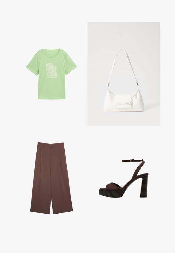 Lys grøn bomulds T-shirt med afslappet pasform, der har et hvidt grafisk print, der viser abstrakte linjer og tekst nedenfor. Korte ærmer, rund halsudskæring.; Brune bredbunde bukser med en glat tekstur, der har høj talje og plisseringer foran. Stoffet er let og falder løst.; Brune ruskinds højhælede sandal med åben tå, justerbar ankelrem og en stribet plade sål.; Hvid syntetisk håndtaske med en trekantet form, flad forsideklap og sløjfedetalje, justerbar strop, glat tekstur og minimalistisk design.